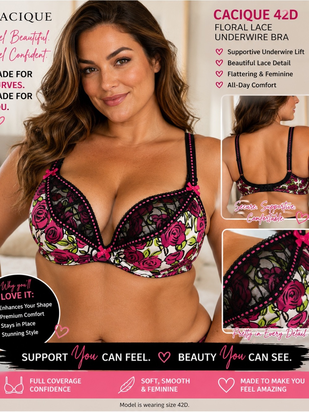 Cacique Black and Pink Floral Lace Underwire Bra